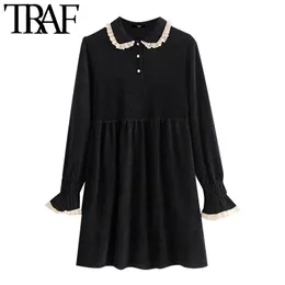 TRAF Kobiety Chic Moda Z Koronką Wykończenie Ruffled Chenille Mini Dress Vintage Długie Przyciski Rękaw Suknie Mujer 210415