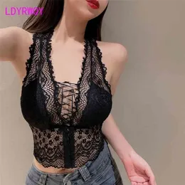 LdyrrwQy Spring Front Hollow Lace Koronki Krótkie Top Kobiety Poliester 210416