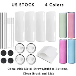 Local wareshoue 20oz sublimation straight tumbler UV color change&Glow tumblers coffee mug water bottle with metal straw,rubber bottom, clean brush and lid US Stock