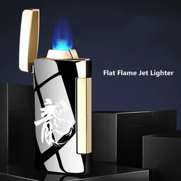 2021 New Windproof Powerful Flat Flame Torch Cigar Lighter Jet Metal Plasma Arc Gas Butane Lighter Compact Cigarette Side Ignition Gadgets