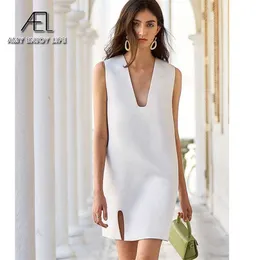 Ael White Tank Dress 여성 여름 미니 드레스 느슨한 패션 소매 소매 소매 소매 캐주얼 드레스 랩 간단한 드레스 미니 220112