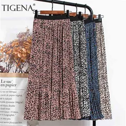 Tigena Spring Vintage Leopardシフォンスカート女性ファッションプリントライン弾性ハイウエストプリーツロングメス210619