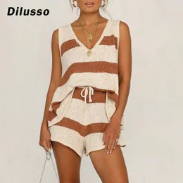 Tute da donna Summer Striped Beach Strap Scollo a V Set in due pezzi Crop Top e pantaloncini con coulisse Bianco 2 Abiti casual da donna # D3