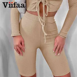 Viifaa Ribbed Knit Skinny Biker Shorts for Women Sporting Jogger Summer Spring Solid Casual Ladies 210719