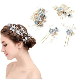Hårklipp Barrettes Bröllopskam Pin Set Ornaments Elegant Blue Flower Handgjord Bride Headdress Ea