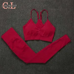 CHRLEISURE Kırmızı Kadın Eşofman Fitness Sporları Için Dikişsiz Yaz 2 Parça Set Spor Takım Elbise Push Up Sutyen Ve Booty Tayt 211105