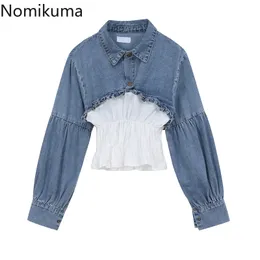 Nomikuma Kort Koreansk Demin Patchwork Blouse Långärmad Turn-Down Pullover Skjorta Höst Nya Sexiga Crop Top Jeans Toppar 6d557 210427