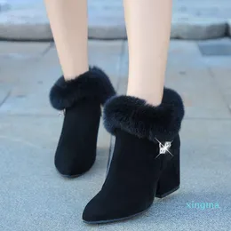 Stövlar Womens Winter High-Heeled Suede Zipper Rhinestone Rabbit Fur Dress Women Boot