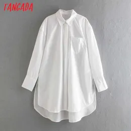 Tangada Kvinnor Oversized White Long Shirts Långärmad Solid Slå ner Krage Boy Friend Style Blouse Toppar QJ07 210609