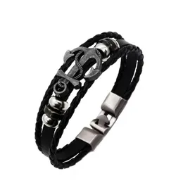 Urok bransoletki retro skórzana kotwica dla mężczyzn czarna bransoletka pulseira masculina couro biżuteria prezent pulseras para hombre