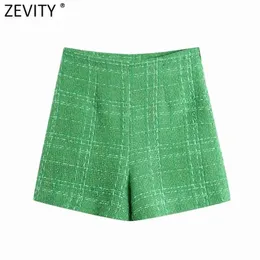 Frauen Mode Grüne Farbe Tweed Woolen Bermuda Shorts Röcke Dame Seite Reißverschluss Chic Casual Slim Pantalone Cortos P1024 210420