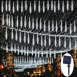 ソーラーLEDの流星のシャワーレインライトの休日の弦のライト防水庭ライト8チューブ144 LEDSクリスマスの結婚式の装飾211112