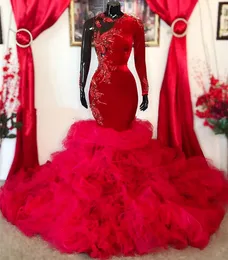 Artı boyutu Arapça Aso Ebi Luxurious Denizkızı Kırmızı Prom Elbiseler Dantel Boncuk Velvet Akşam Resmi Partisi İkinci Resepsiyon Elbise Elbise ZJ465