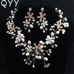 Classic Freshwater Pearls Bridal Jewelry Sets Austrian Crystal Necklace Earrings Sets Handmade Wedding Jewellery For Women H1022