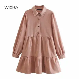 Wixra Corduroyのドレスレディースターンダウン襟甘いシックなショート服の緩いシャツの女性春秋210706