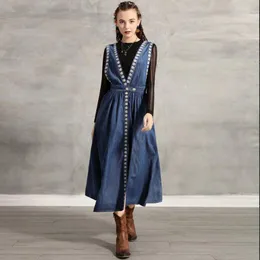 Johnature Vintage Kobiety Ubrania Jesień Denim Sukienka Dwuczęściowy Zestaw Haft Luźny Turtleneck Wypoczynek Kobiety Sukienki 210521