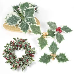 5-10Pcs Christmas Artificial Leaves Leaf Fake Holly Berries Red Cherry Little Fruits Stamen Christmas Wedding Home Decoration Y0901