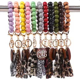 Silicone Bead Key Ringar Armband Bangle Handgjord Wristlet Läder Tassel Leopard Keychain för kvinnor