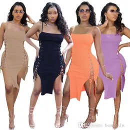 Kobiety Seksowna Dress Lato Panie Elastyczny Pasek Podziel Z Sznurkiem Na obu Bocznych Sukienkach Nightclub Body