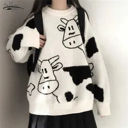 Koreański harajuku damski sweter vintage przypadkowy luźny leniwy krowa żeński japońskie dziewczyny Kawaii Cute Ulzzang odzież 17156 211011