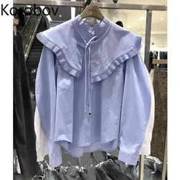 Korobov Koreański Chic Kobiety Bluzki Nowy Wiosna Lato Peter Pan Kołnierz Kobiet Koszule Pojedyncze Breasted Długi Rękaw Blusas Mujer 210430