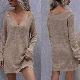 2021 Newly Low-Cut V-Neck Sexy Sweater Long Sleeve Knitwear Pullovers Loose Female Bottoming Off-The-Shoulder Dress Jumper Tops Y1006