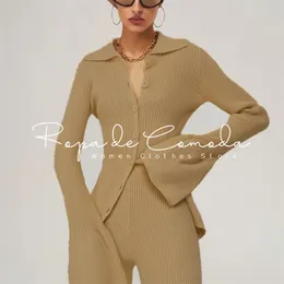 Sweater Solid Color Suits Women Matching Sets Oversize Fleece Pants Roll Collar Knitted Top Flare sleeve Spring Summer 211018