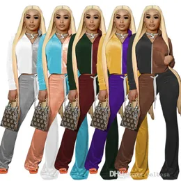 Kvinnors spårningsdräkter sammet outfits Two Piece Set Designer Kontrast Färg långärmad hoodie blixtlås jacka klockbottenbyxor velor sportkläder