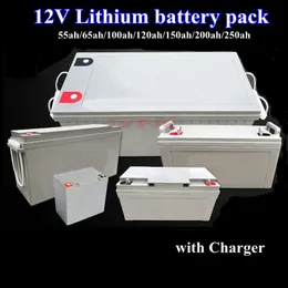 New 12v 55ah 65ah 100ah 120ah 150ah 200ah 250ah lithium li ion battery 12v for solar panel inverter energy storage+Charger