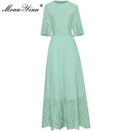 Moda Runway Verão Chiffon A-Line Dress Mulheres Lace Retalhamento Meia Manga Hollow Out Festa Midi Vestidos 210524