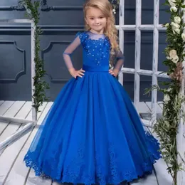 Nowy Royal Blue Flower Girl Lace Appliqued Girls Pageant Tulle Party Dresses O-Neck Dla Sukienki Girl Communion Świętej