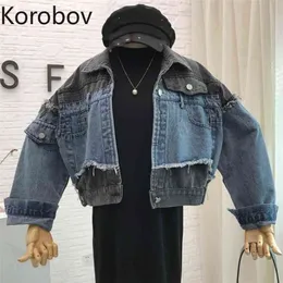 Korobov Women Denim Jackets Autumn New Hit Color Patchwork Harajuku Jean Bomber Jacket Korean Long Sleeve Female Coats 79011 210430
