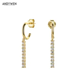 Andywen 925 Sterling Silver Line Slim Drop Earring Små Hoops Simple Circon Round Women Wedding Luxury Statement Gift 210608