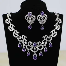 Water Drop Purple CZ White Zircon Women Silver Color Bridal Jewelry Wedding Earrings Pendant Necklace Sets H1022