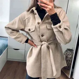 Puwd Vintage Woman Loose Sashes Woolen Coats Chic Kvinna Höst Soft Turndown Collar Outwear Ladies Eleganta Fickor Jackor 210722