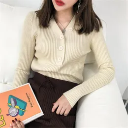 Women's Sweaters 2021 Autumn Women V-Neck Bottoming Shirt Long-Sleeved Slim Solid Color Button Decoration Pullover Sweter Damski