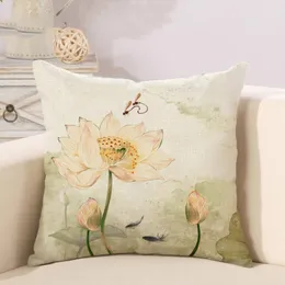 Sommerstil Lotus bedruckter Leinen-Baumwoll-Deko-Kissenbezug für Sofa, Bett, Kissen, 45 x 45 cm, Heimdekoration, Kissen/Dekorativ
