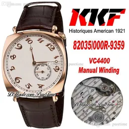 KKF Hianyes American 1921 A4400 수동 권선 남성 시계 82035 / 000r-9359 로즈 골드 실버 다이얼 샴페인 번호 마커 브라운 가죽 스트랩 시계 Puretime E5