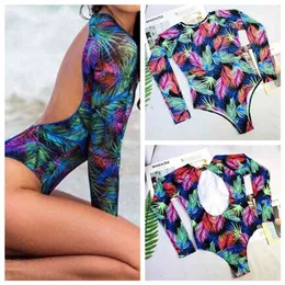 Rashguard z długim rękawem Swimsuit Drukuj Surf Swimwear Kobiety Wysokiej Neck Body Garnitury Pływanie Backless Monokini XL 210625