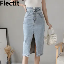 FLECTIT Vintage Mulheres Denim Midi Saia Split Frente Mid-bezerro Comprimento Abotado Cintura Cintura Lápis Jean Skirt * 210408