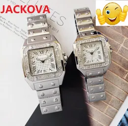 Herren- und Damenuhr mit quadratischen Diamanten und Ringen, klassische römische Zahlen, Day-Date-Uhren, 40 mm, 32 mm, komplett aus Edelstahl, klassische Luxus-Armbanduhr für Paare, Reloj de Lujo