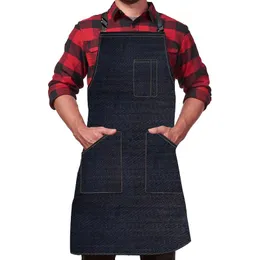 Aprons Kitchen Denim Apron Men Women With Pocket Chefs Cooking Adjustable Baking Black Blue Simple Uniform Water Proof Dropship