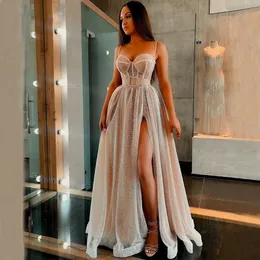 Błyszczące cekinowe suknie wieczorowe długa linia Sweetheart Spaghetti pasek Sexy Split suknia balowa w kolorze szampańskim 2021 formalne sukienki na przyjęcie