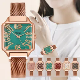 로즈 골드 여성 시계 럭셔리 마그네틱 메쉬 밴드 디자인 레이디 손목 시계 큰 숫자 여성 시계 선물을위한