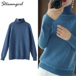 StreamGirl Зимний свитер Женщины Turtleneck Pullovers сплошные вязаные вершины белые S для весны синий 210914