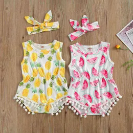 2021 BabyGirl 0-24M Clothing Newborn Baby Girls 2-piece Outfit Set Sleeveless Fruit Tassels Romper+Headband Set for Kids Girls G1221