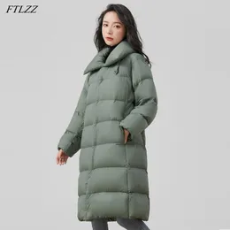Inverno 90% branco pato para baixo jaqueta elegante mulheres stand colarinho longo pão casual solto grosso quente neve outwear 210423