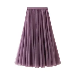 Skirts Women Elegant 2 Layers Mid Long Skirt Elastic Hight Waist Tulle Bridesmaid Ball Femme Jupes Korean Women's
