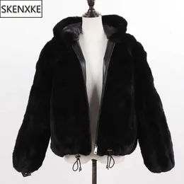 Women 100% Natural Rex Rabbit Fur Hooded Coats Winter Russian Lady Warm Real Rex Rabbit Fur Jackets Genuine Fur Overcoat T191118