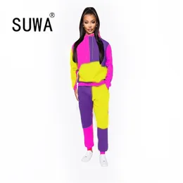 Contrast Patchwork Women's Tracksuit 2 Piece Set Hooded Long Sleeve Loose Sweatshirt Sporting Jogger Pant Lounge Wear Sweatsuit 210525